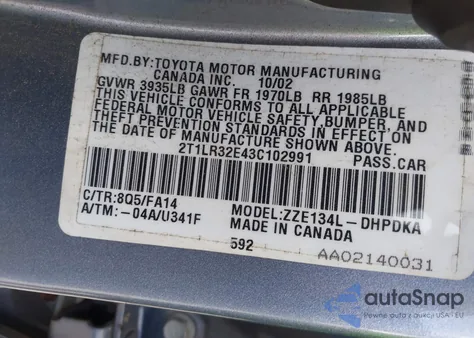 2003 Toyota Matrix Standard from USA, damaged, VIN 2T1LR32E43C102991